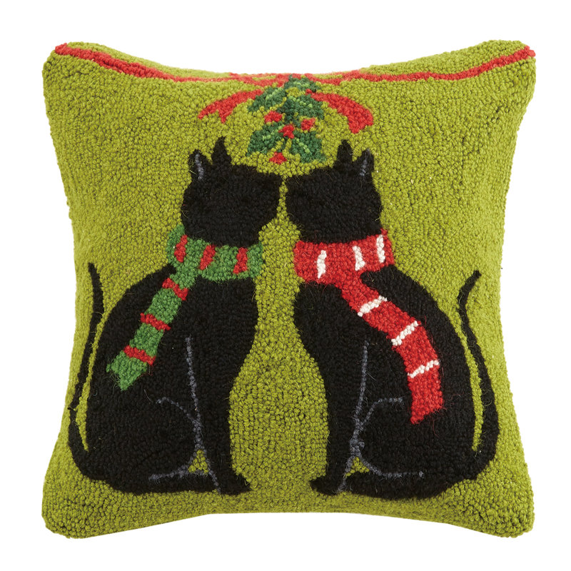 Peking Handicraft Christmas Cat Hook in Mistletoe Wool Throw Pillow